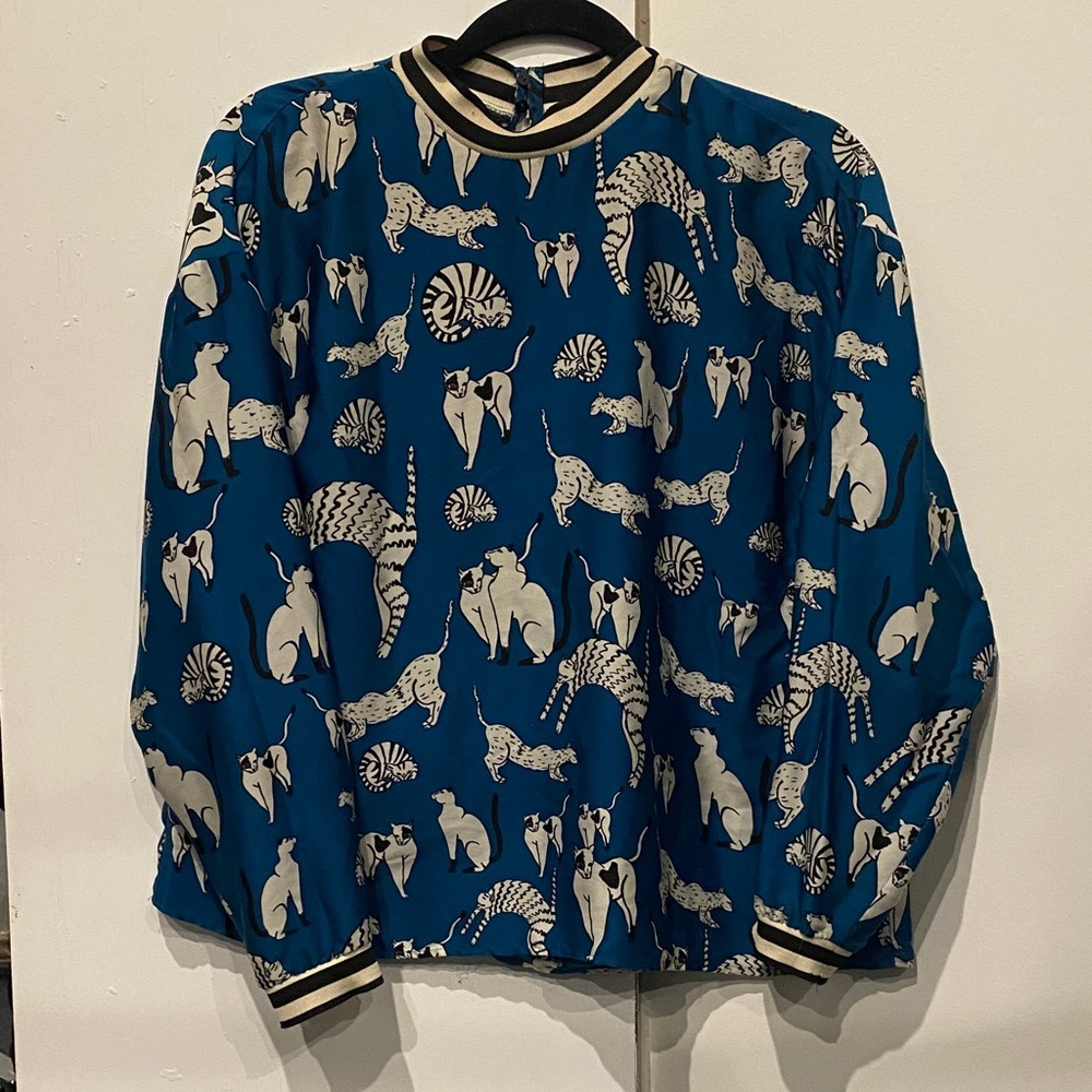 Zara Blue and Black Cat Animal Print Top